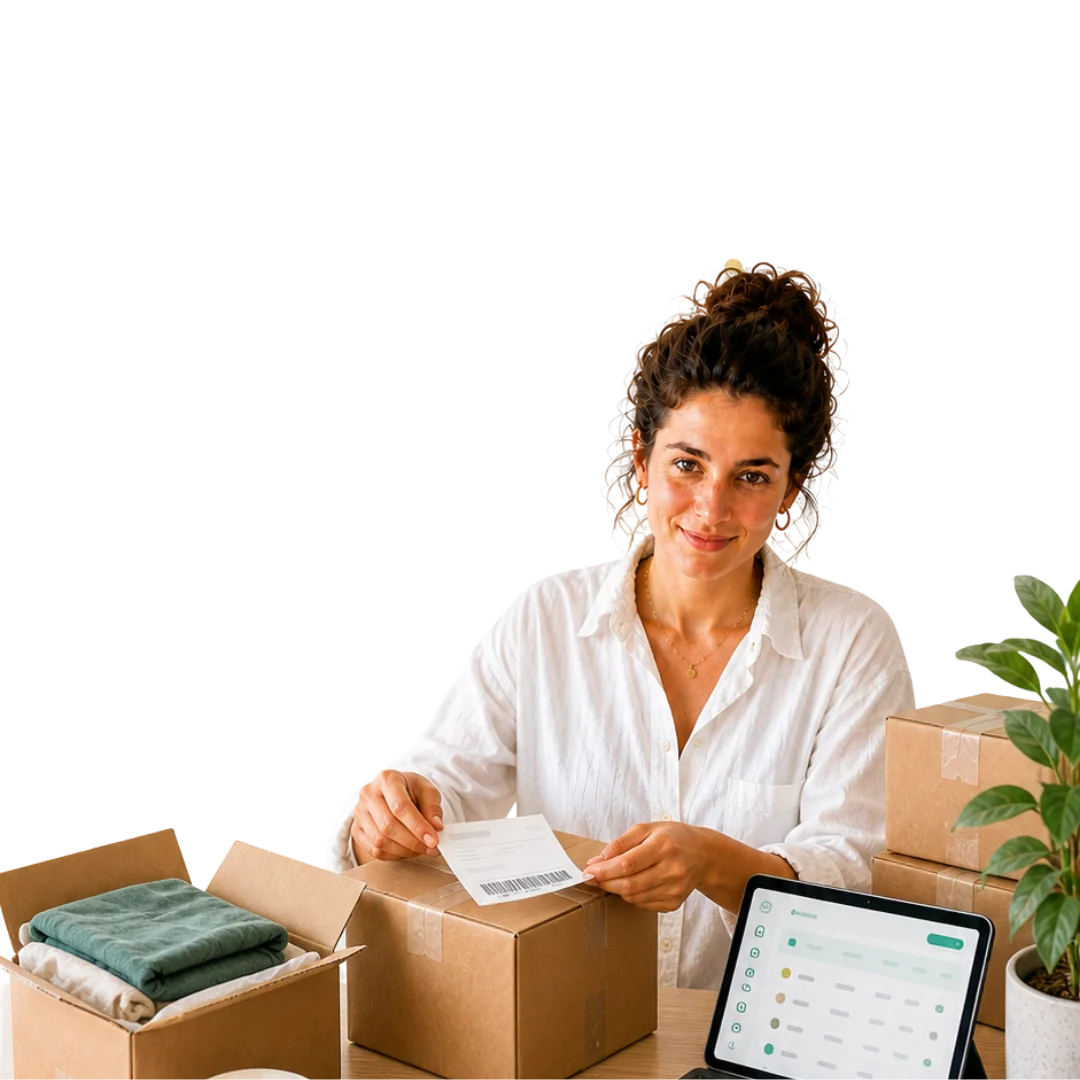Laura, ecommerce manager: persona gestionando pedidos y envíos de varias tiendas desde un panel